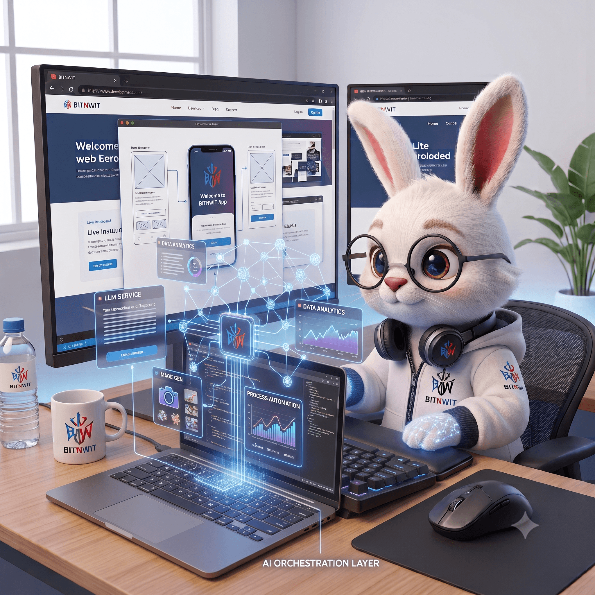 White Rabbit orchestrating AI services, analytics, image generation, and automated workflows